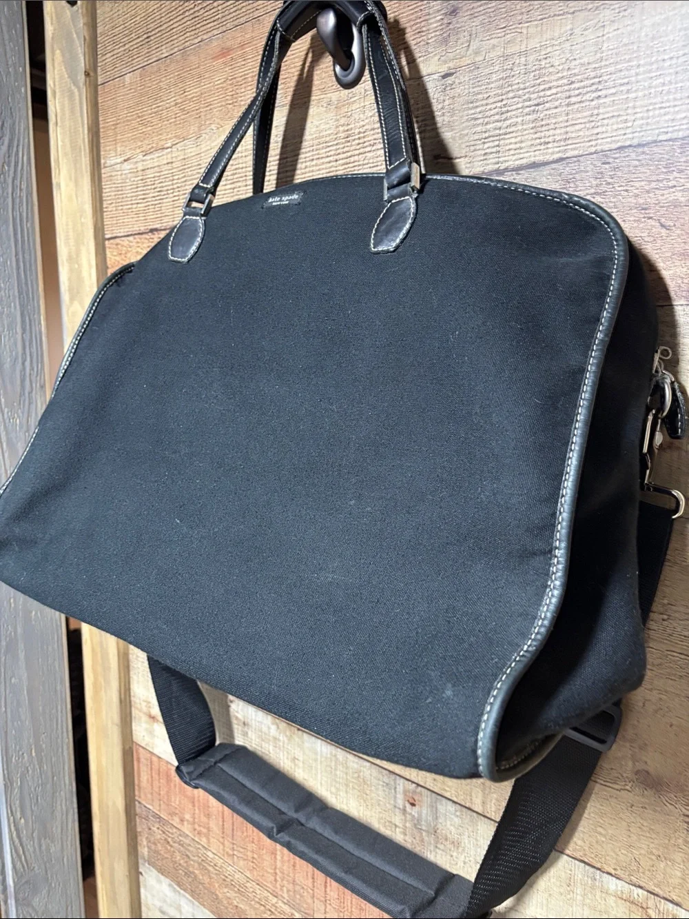 kate spade Black Canvas Duffel with Leather Handles shoulder strap